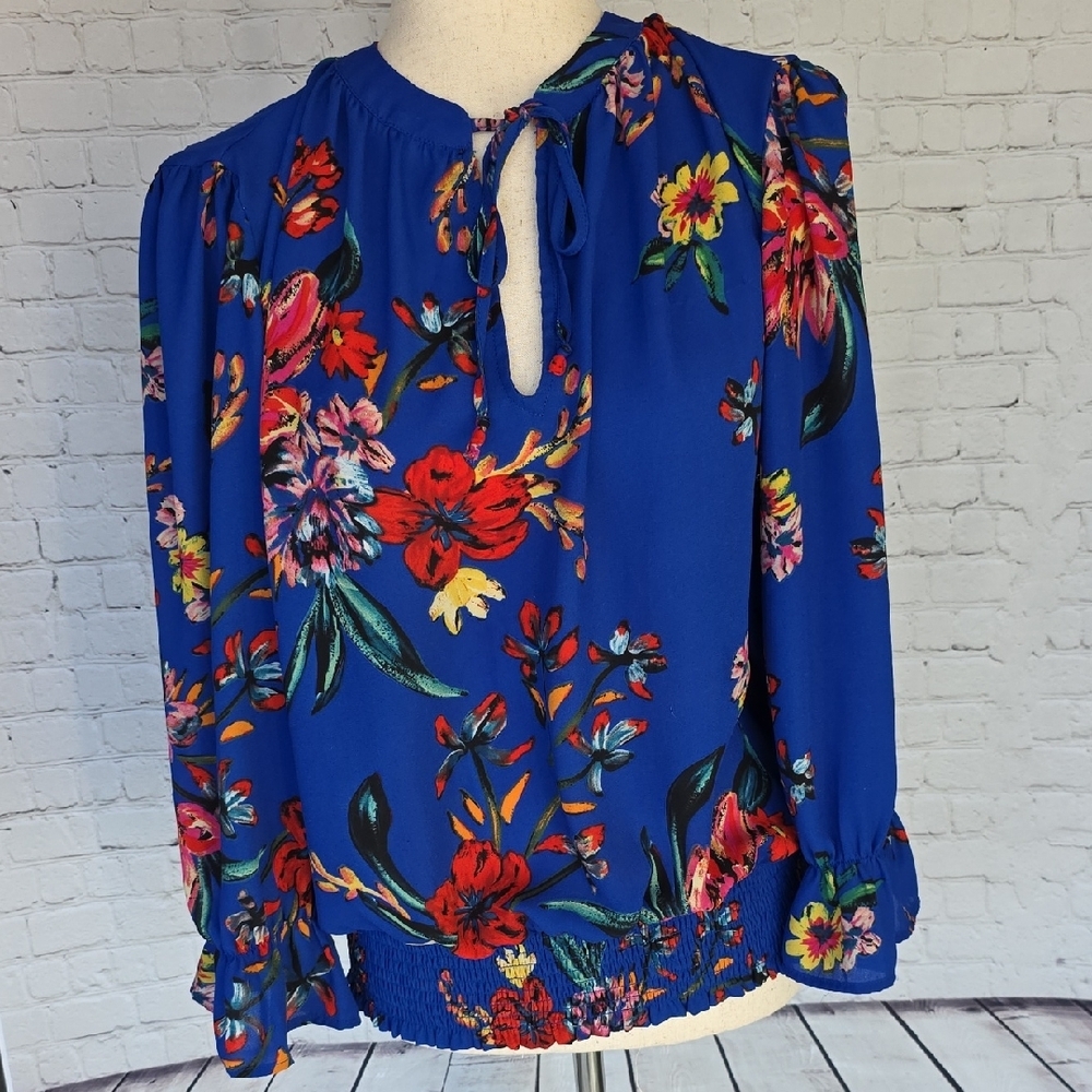 Philosophy Vibrant Blue Floral Split Neck Blouse‎ with Smocked Waist Size XL